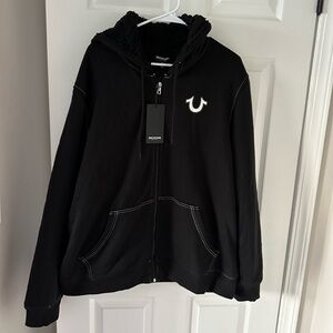 True Religion Sweater Size XL “Buddha Sherpa Zip Hoodie” in the Color Jet Black